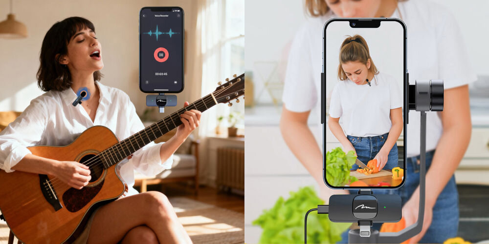 System bezprzewodowy MEDIA-TECH MT416 Zastosowanie mikrofonu Media-Tech MT416 podczas nagrywania śpiewu z gitarą oraz vloga kulinarnego telefonem