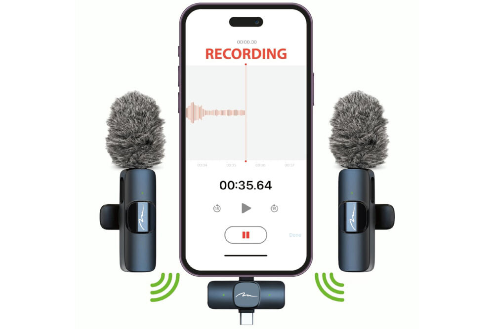 System bezprzewodowy MEDIA-TECH MT416 Smartfon nagrywający dźwięk z dwóch mikrofonów bezprzewodowych Media-Tech MT416 z osłonami przeciwwietrznymi