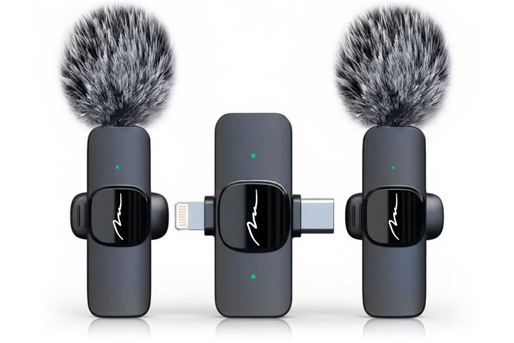 System bezprzewodowy MEDIA-TECH MT416 Dwa mikrofony krawatowe Media-Tech MT416 z futrzanymi osłonami i odbiornik do iPhone oraz Android