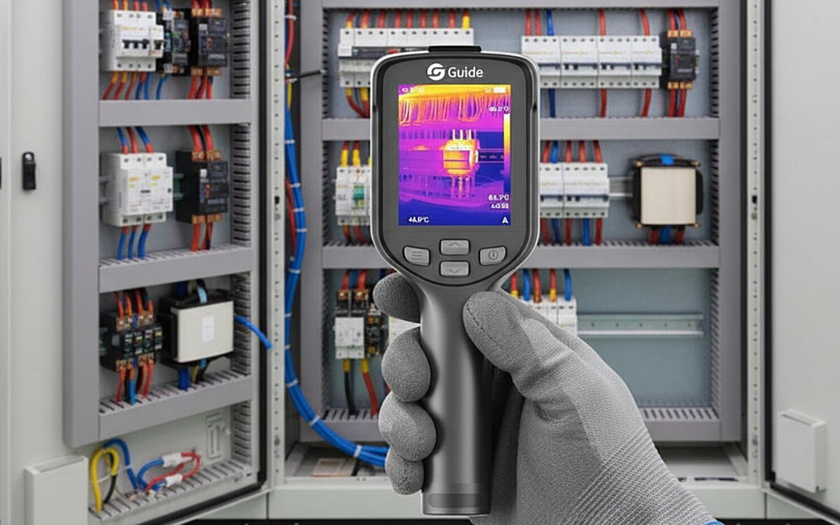 Dłoń w rękawicy trzymająca kamerę termowizyjną Guide Sensmart E3.