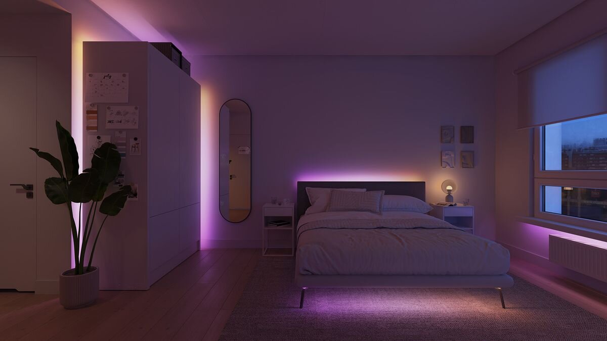 Taśma LED PHILIPS HUE 929004294901 5 m Bluetooth/ZigBee, taśma, LED, Hue, aplikacja, Fioletowe podświetlenie taśmą Philips Hue pod łóżkiem w sypialni.