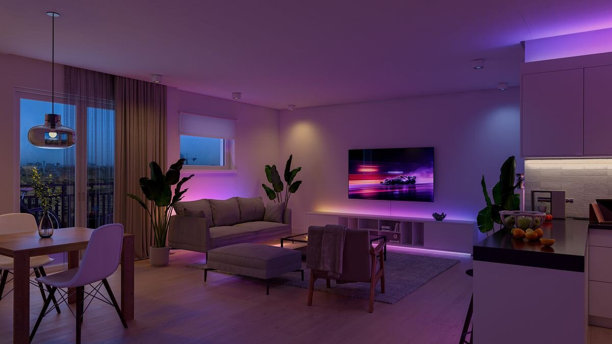 Taśma LED PHILIPS HUE 929004294901 5 m Bluetooth/ZigBee, kolory, ściemnianie, Essential, kompatybilne, Oświetlenie strefowe Philips Hue w salonie z aneksem.