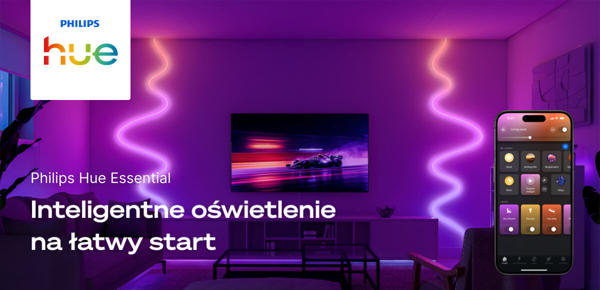 Taśma LED PHILIPS HUE Essential Neon Flex 929004295101 5 m Bluetooth, sterowanie, oświetlenie, światło, flex, Grafika Philips Hue z aplikacją do sterowania oświetleniem.