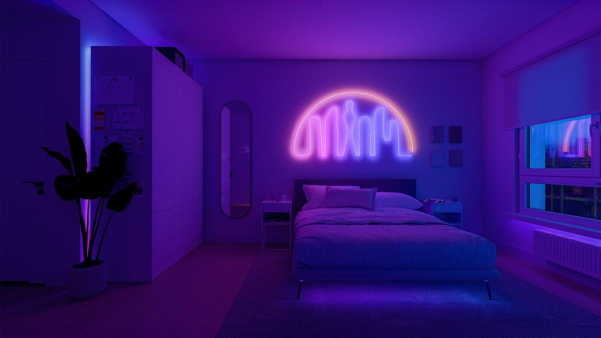 Taśma LED PHILIPS HUE Essential Neon Flex 929004295101 5 m Bluetooth, Smartfon, aplikacja, sterowanie, światło, Sypialnia z łóżkiem i neonową grafiką nad zagłówkiem.