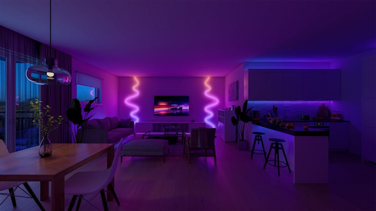 Taśma LED PHILIPS HUE Essential Neon Flex 929004295101 5 m Bluetooth, Poświata, dekoracja, efekt, ściana, Salon z kuchnią i falistymi neonami przy telewizorze.