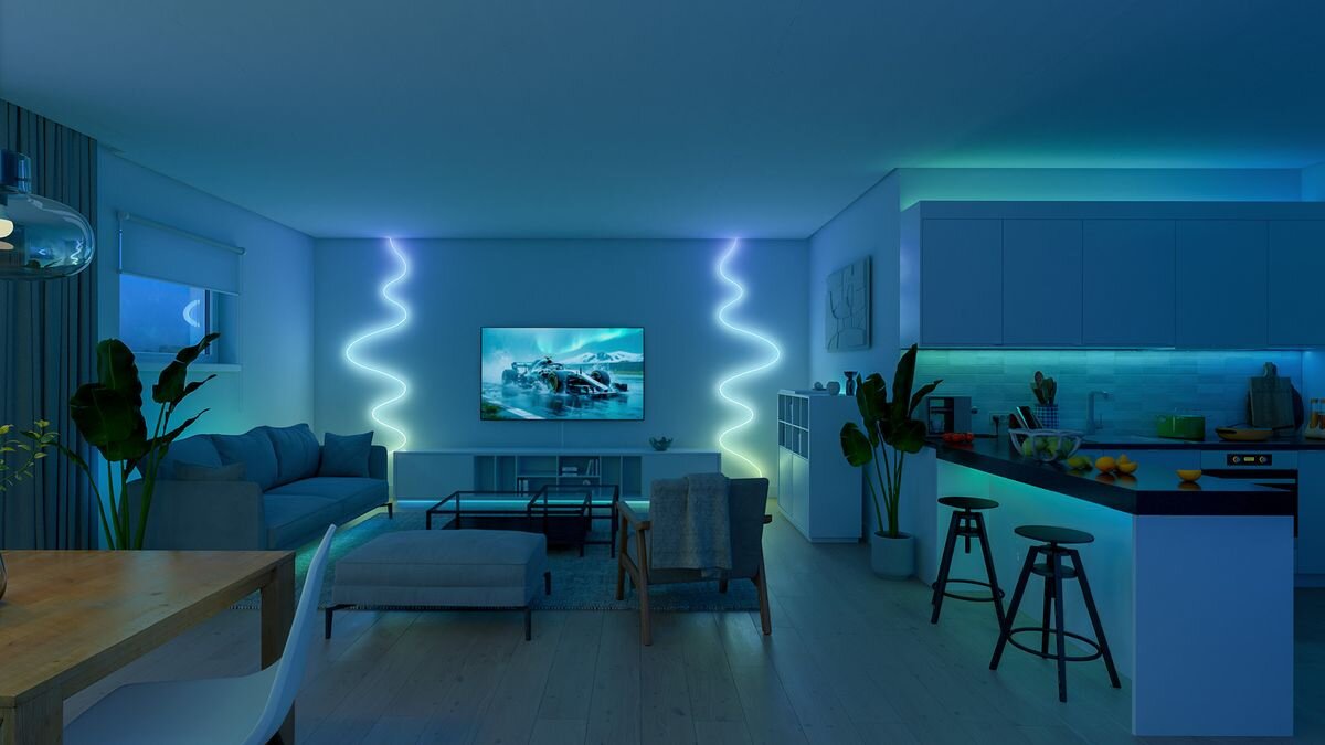 Taśma LED PHILIPS HUE Essential Neon Flex 929004295101 5 m Bluetooth, Harmonogramy, zdalne, sterowanie, strefy, salon z kuchnią i niebieskimi akcentami świetlnymi.