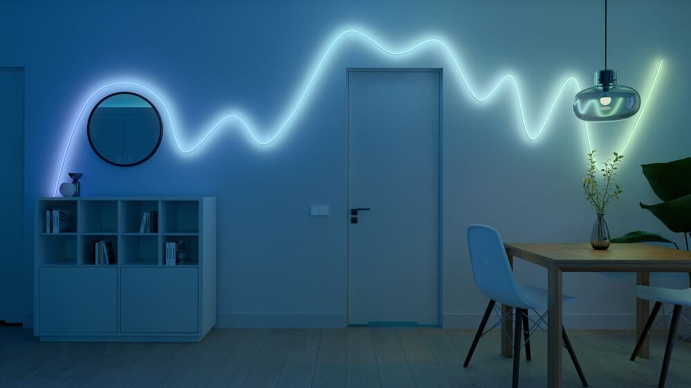 Taśma LED PHILIPS HUE Essential Neon Flex 929004295101 5 m Bluetooth, dynamiczne, efekty, relaks, oświetlenie, Nastrojowe światło konturowe w salonie z TV.