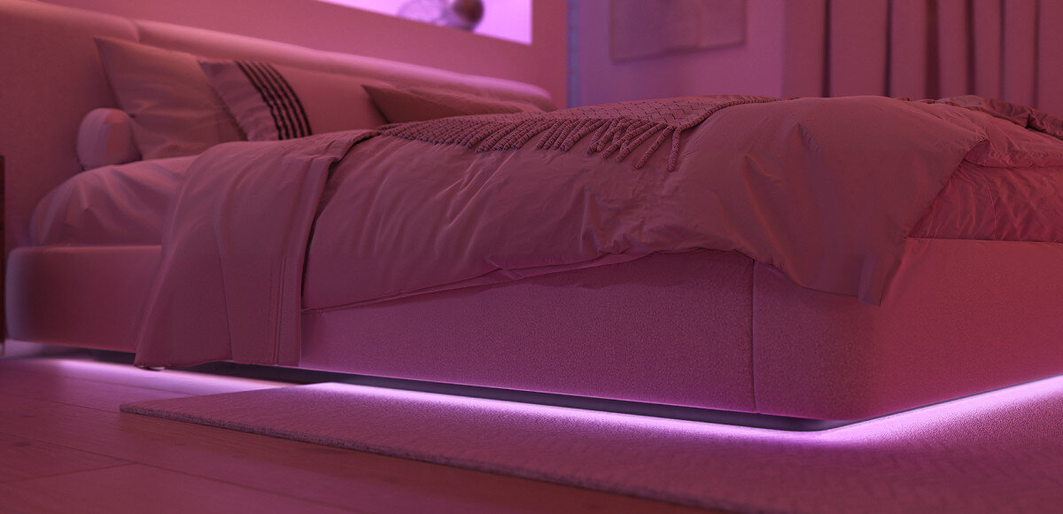 Taśma LED PHILIPS HUE 929004610802 Flux 10 m Bluetooth/ZigBee, elastyczna taśma, ponowne użycie, łatwy montaż, dowolne miejsce, Różowe podświetlenie łóżka w sypialni tworzące nastrojowy efekt taśmy Philips Hue