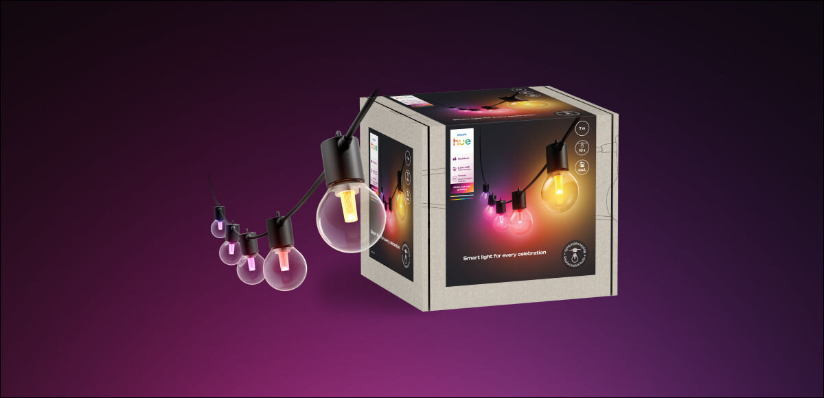 Girlanda ogrodowa PHILIPS HUE Festavia 14 m + moduł przedłużający Bluetooth/ZigBee , opakowanie, zestaw, zawartość, paczka, na zdjęciu opakowaie i zawartość opakowania girland