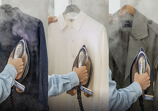 Kolaż trzech zdjęć. Mężczyzna prasuje w pionie generatorem pary GV9910 trzy różne typy ubrań.