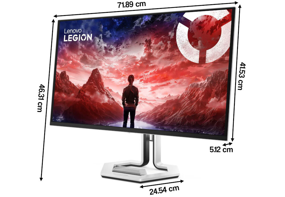Monitor LENOVO Legion Pro 32UD-10 31.5 cala 3840x2160px 240Hz 0.03 [GTG] prezentacja monitora na białym tle przód pod kątem z wymiarami waga wymiary szeroki obraz solidność konstrukcji