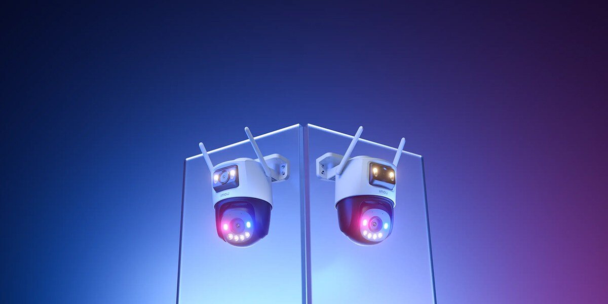 Kamera IMOU Cruiser Dual 8MP Zewnętrzna, Wi-Fi, pełnokolorowe, obraz, światło, rejestrowanie, na niebieskim tle 2 kamery w 2 trybach monitorowania