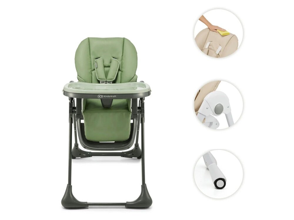 Krzesełko do karmienia KINDERKRAFT Tummie Zielony wysoka jakosc materialow trwalosc bezpieczenstwo stelaz z wysokiej jakosci stali siedzisko z wytrzymalego materialu PU wkladka z szybkoschnacego poliestru latwe czyszczenie