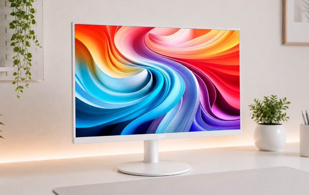 Monitor ACER SA243YP1WMIX Monitor stoi na biurku, wyświetlając abstrakcyjną grafikę pełną falistych linii. Po prawej stronie znajduje się roślina w doniczce