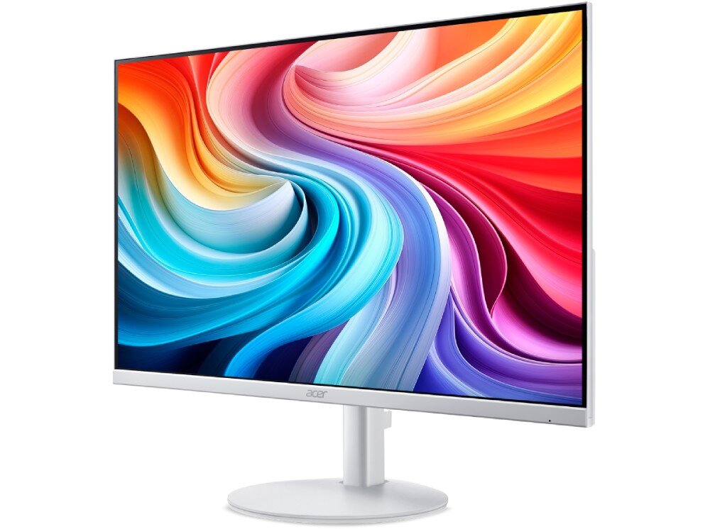 Monitor ACER SA243YP1WMIX Ekran pokazany z ukosa wyświetla abstrakcyjny wzór o falujących liniach, ustawiony na jasnej podstawie