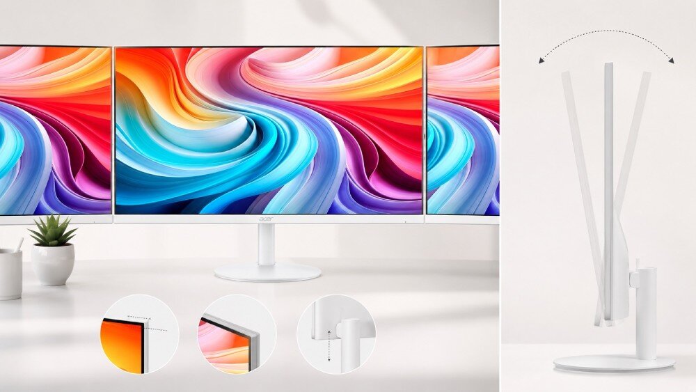 Monitor ACER SA243YP1WMIX Zestawienie ukazujące opcję łączenia ekranów, zbliżenia na cienkie ramki oraz profil przedstawiający regulację kąta nachylenia