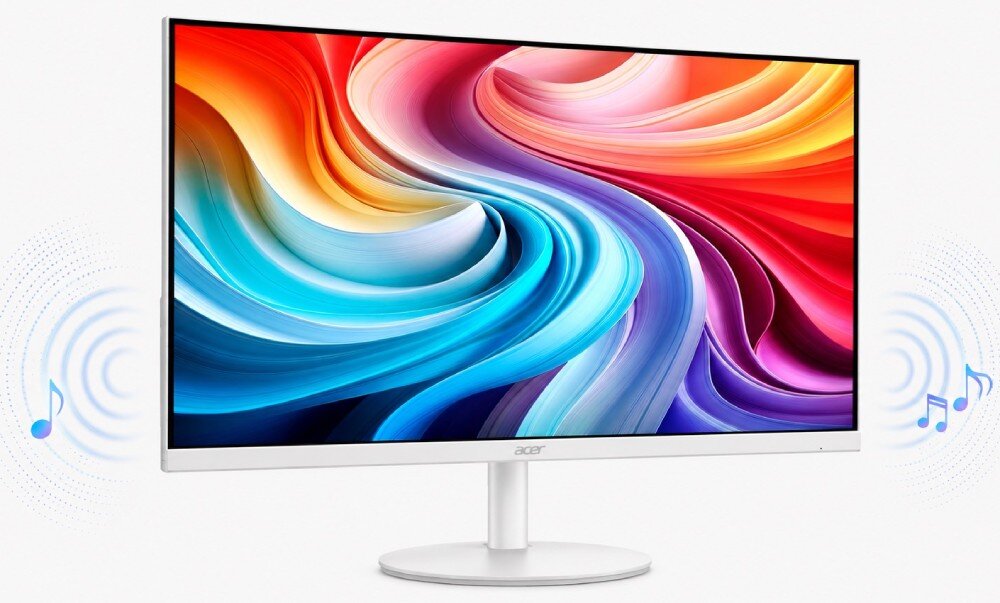 Monitor ACER SA243YP1WMIX Urządzenie z kolorową grafiką na ekranie, otoczone z obu stron grafiką fal dźwiękowych i nut