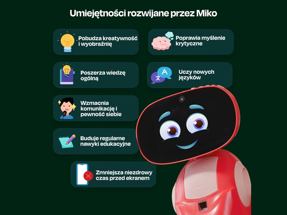 Zabawka Miko Robot Edukacyjny v3 czerwony wspierany sztuczną inteligencją odpowiada na pytania, inteligentny robot, nauka, śmiech i zabawa