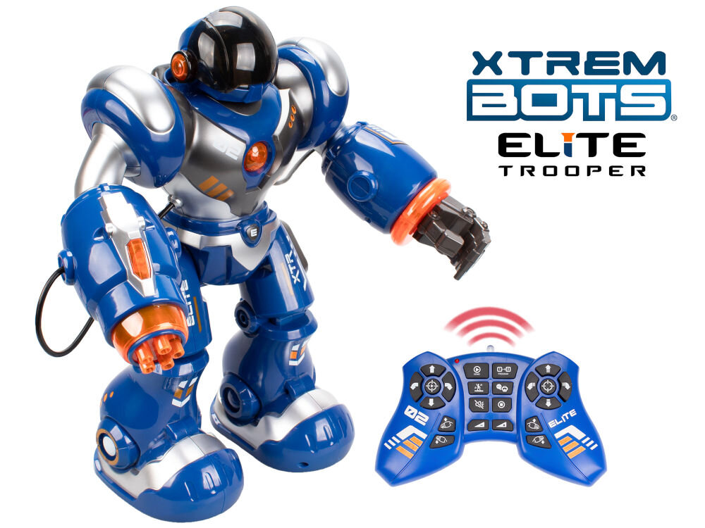 Na obrazie znajduje się niebiesko-srebrny robot z pomarańczowymi elementami oraz pilot zdalnego sterowania. Widoczne jest logo \'XTREM BOTS ELITE TROOPER\'.