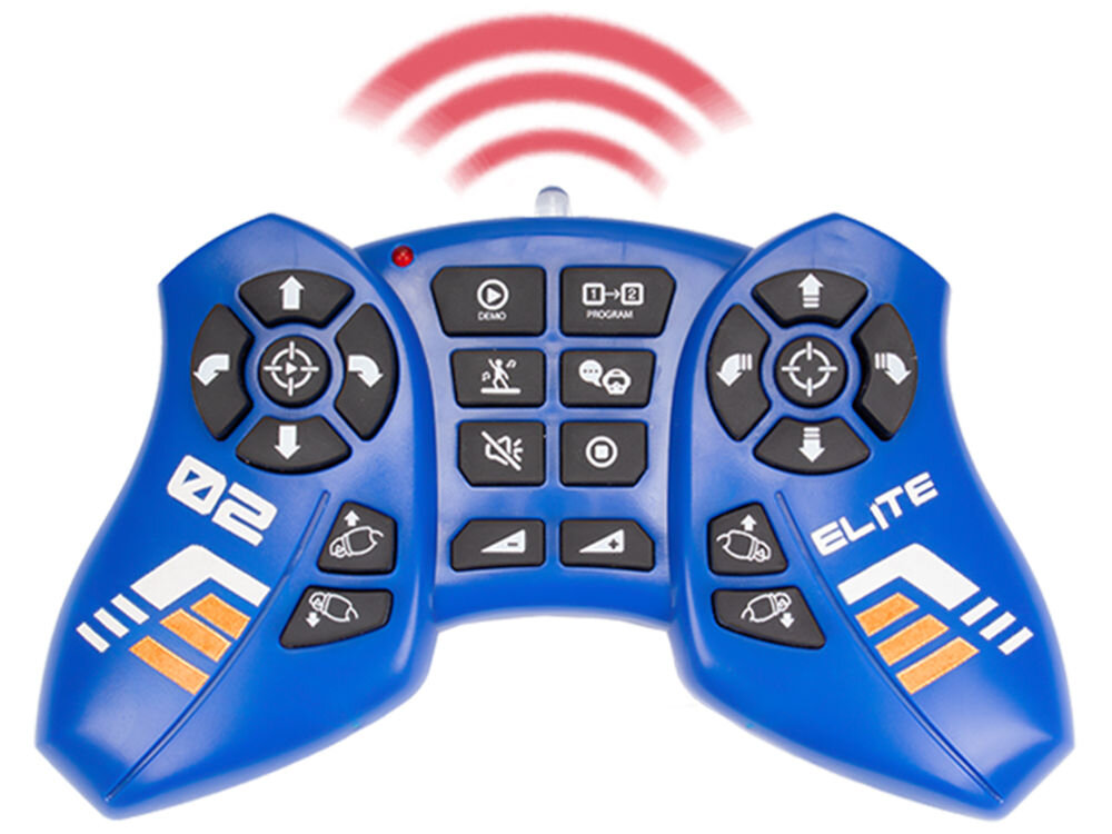 Na obrazie widoczny jest niebieski kontroler z przyciskami i oznaczeniami \'02\' oraz \'ELITE\'. Kontroler posiada symbole strzałek, ikonę programu, demo i inne funkcje, a nad nim widoczne są czerwone fale sygnalizujące transmisję.