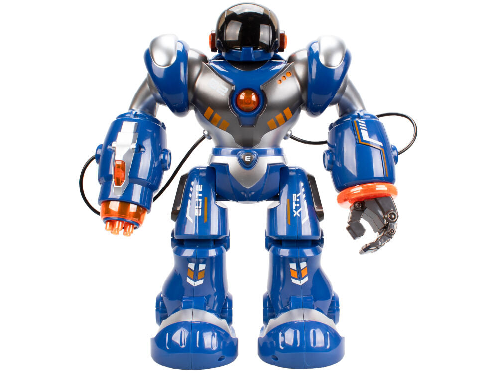 Robot zdalnie sterowany w kolorze niebieskim i srebrnym z pomarańczowymi akcentami, posiadający napis \'ELITE\' i \'XTR\' na nogach. Robot ma czarną osłonę na głowie i pomarańczowy element na klatce piersiowej.