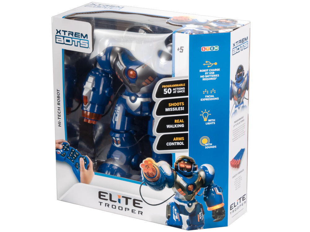 Opakowanie zdalnie sterowanego robota XTREM BOTS Elite Trooper w kolorze niebieskim z pomarańczowymi akcentami. Na opakowaniu widoczne są napisy: \'PROGRAMMABLE 50 ACTIONS AT ONCE\', \'SHOOTS MISSILES!\', \'REAL WALKING\', \'ARMS CONTROL\', oraz logo \'XTREM BOTS\'.