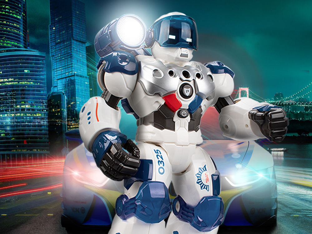 Robot zdalnie sterowany XTREM BOTS Patrol XT380972 Interaktywny robot Xtrem Bots Patrol na tle nowoczesnego miasta nocą z efektami świetlnymi i sportowym samochodem.