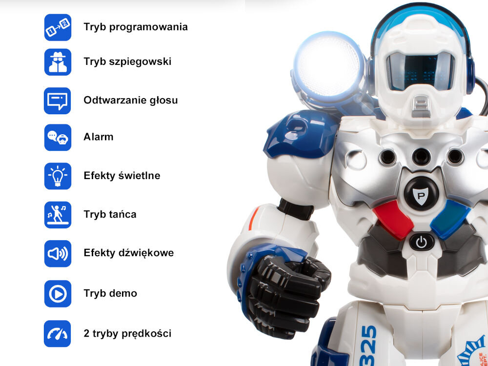 Robot zdalnie sterowany XTREM BOTS Patrol XT380972 Grafika prezentująca funkcje robota Xtrem Bots Patrol: tryb programowania, szpiegowski, taniec, alarm oraz efekty świetlne i dźwiękowe.