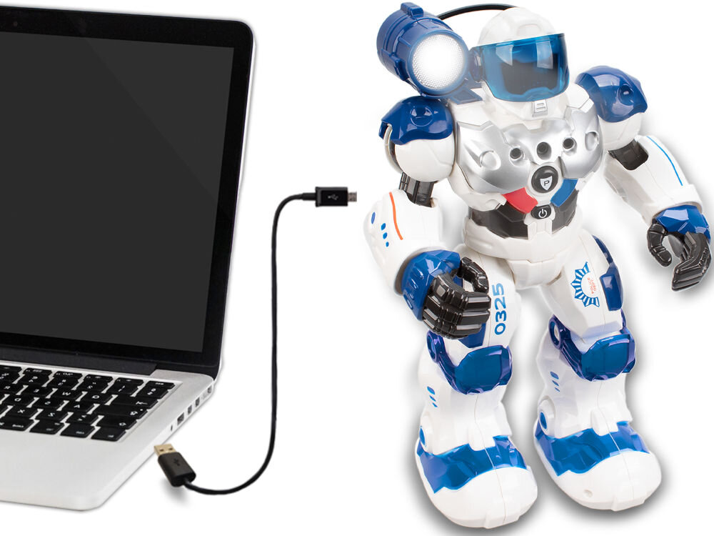 Robot zdalnie sterowany XTREM BOTS Patrol XT380972 Robot Xtrem Bots Patrol podłączony kablem USB do laptopa w celu ładowania akumulatora.