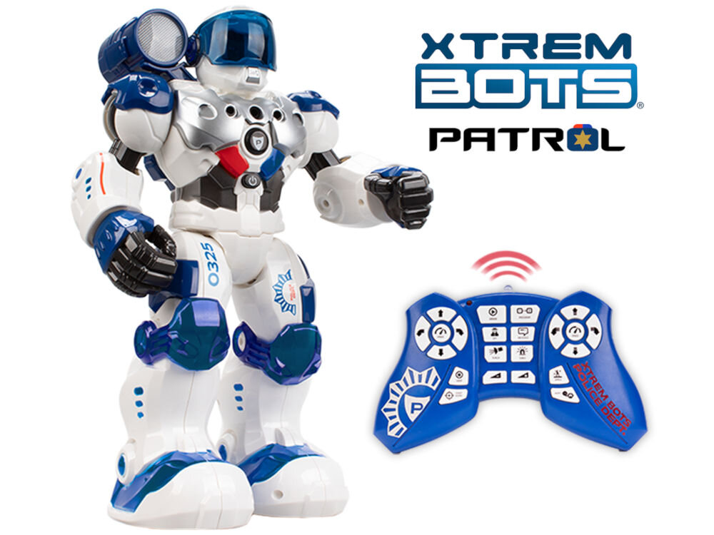 Robot zdalnie sterowany XTREM BOTS Patrol XT380972 Zabawka edukacyjna robot Xtrem Bots Patrol z niebieskim pilotem sterującym i logotypem serii.
