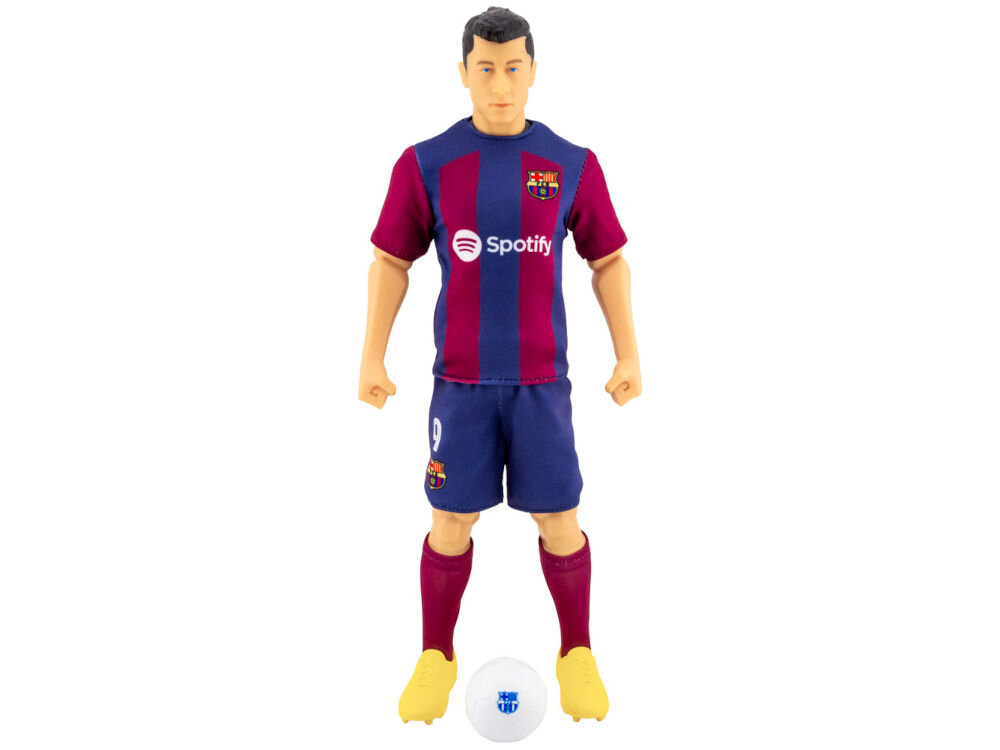 Figurka SOCKERS FC Barcelona Robert Lewandowski 19251 Figurka akcji piłkarza Roberta Lewandowskiego w stroju FC Barcelony (koszulka w bordowo-granatowe pasy, granatowe spodenki, bordowe getry, żółte buty), stojąca na wprost, z piłką pod nogami. Na koszulce widoczne logo Spotify. * 1.jpg: Figurka akcji piłkarza Roberta Lewandowskiego w stroju FC Barcelony (bordowo-granatowa koszulka z logo Spotify, granatowe spodenki, bordowe getry, żółte buty), stojąca bokiem do prawej strony. Piłka leży obok jej prawej stopy.