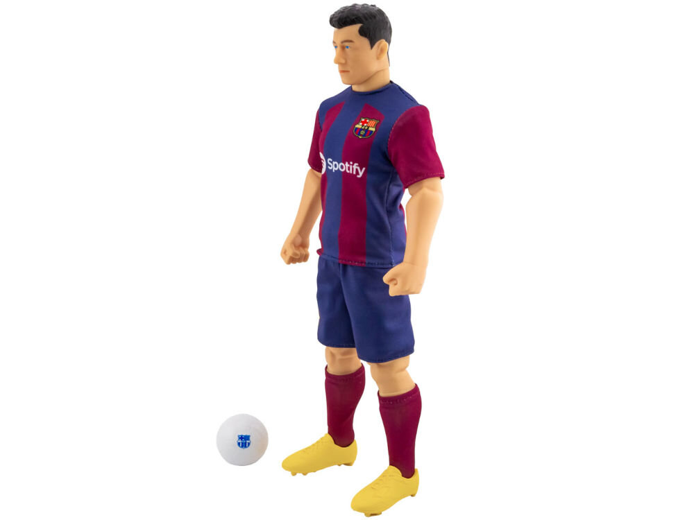 Figurka SOCKERS FC Barcelona Robert Lewandowski 19251 figurka akcji piłkarza Roberta Lewandowskiego w stroju FC Barcelony, widziana od tyłu. Na bordowo-granatowej koszulce widoczne jest nazwisko LEWANDOWSKI oraz numer 9.