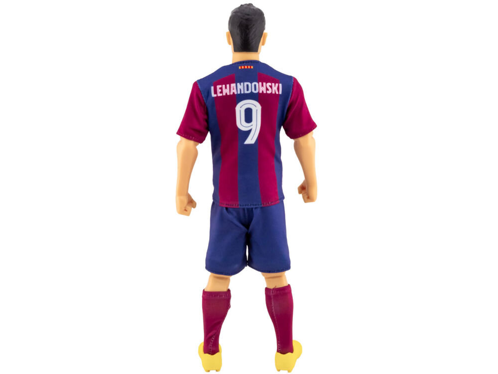 Figurka SOCKERS FC Barcelona Robert Lewandowski 19251 Figurka akcji piłkarza Roberta Lewandowskiego w stroju FC Barcelony. Figurka trzyma piłkę w lewej ręce, a prawą rękę ma uniesioną w geście triumfu.