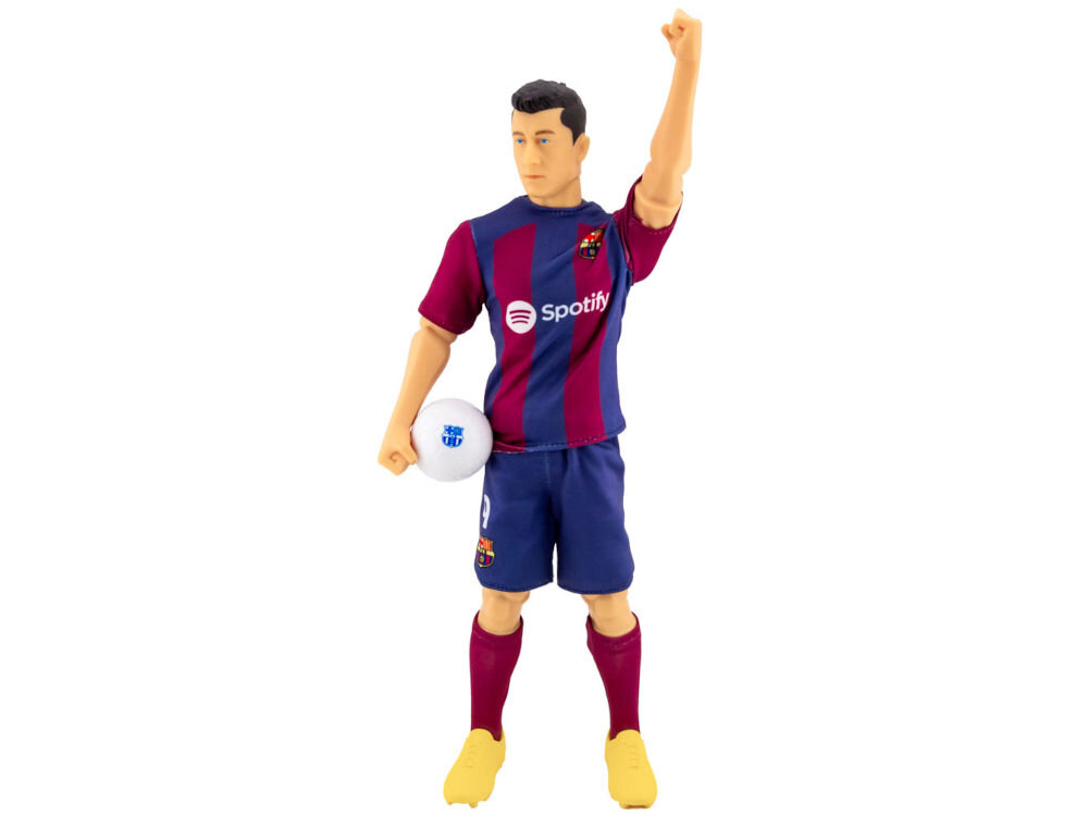 Figurka SOCKERS FC Barcelona Robert Lewandowski 19251 Zbliżenie na tors figurki akcji piłkarza Roberta Lewandowskiego w koszulce FC Barcelony. Widoczne są wyraźnie bordowo-granatowe pasy, herb klubu oraz logo sponsora Spotify.