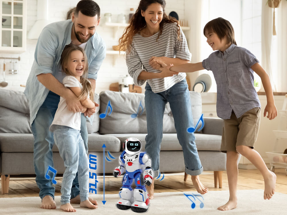 Robot zdalnie sterowany XTREM BOTS Bruce The Motion Bot XT3803503 Interaktywny robot Xtrem Bots Bruce o wysokości 31,5 cm tańczący w salonie z uśmiechniętą rodziną.