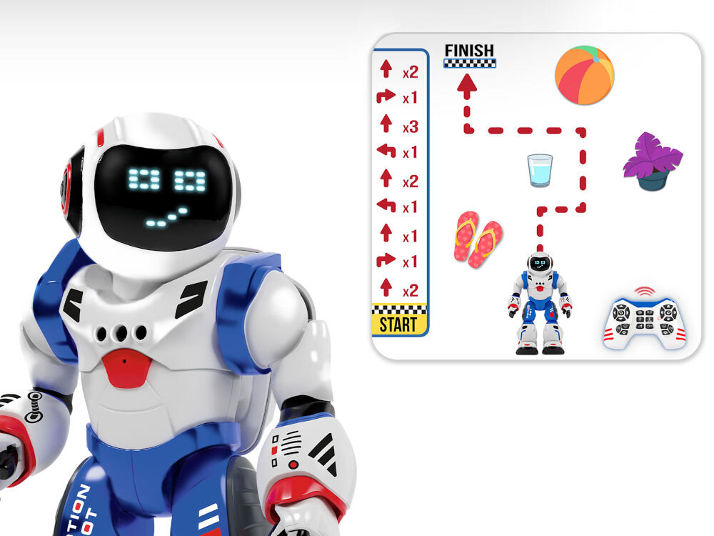 Robot zdalnie sterowany XTREM BOTS Bruce The Motion Bot XT3803503 Grafika przedstawiająca planowanie trasy i programowanie sekwencji ruchów dla robota Xtrem Bots Bruce.