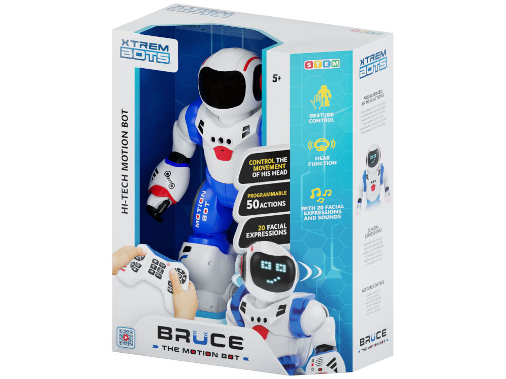 Robot zdalnie sterowany XTREM BOTS Bruce The Motion Bot XT3803503 Oryginalne opakowanie robota Xtrem Bots Bruce The Motion Bot z opisem funkcji STEM i programowania do 50 akcji.
