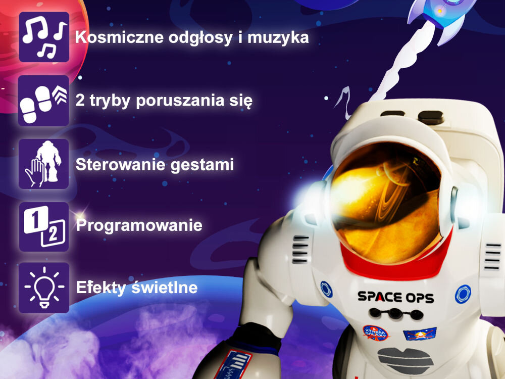 Robot zdalnie sterowany XTREM BOTS Charlie The Astronauta XT3803085 Infografika prezentująca funkcje robota Xtrem Bots Charlie: kosmiczne dźwięki, 2 tryby poruszania się, sterowanie gestami, programowanie i efekty świetlne.