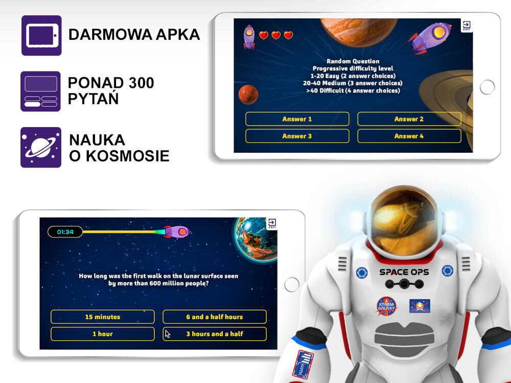 Robot zdalnie sterowany XTREM BOTS Charlie The Astronauta XT3803085 Darmowa aplikacja edukacyjna do robota Xtrem Bots Charlie zawierająca ponad 300 pytań i quizów o kosmosie.
