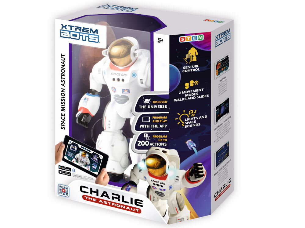 Robot zdalnie sterowany XTREM BOTS Charlie The Astronauta XT3803085 Oryginalne opakowanie interaktywnego robota Xtrem Bots Charlie Astronauta z informacjami o funkcjach STEM i sterowaniu ruchem.