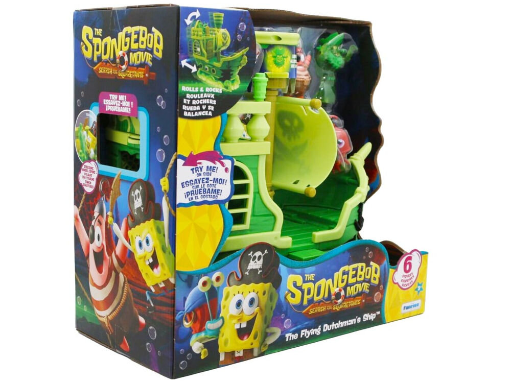 Zestaw figurek FUNRISE SpongeBob Latający Holender 73110 Zabawkowy statek piracki SpongeBoba o nazwie Latający Holender w oryginalnym opakowaniu producenta Funrise. Pudełko zawiera grafiki promujące film SpongeBob Na ratunek Kanciastoportemu oraz informację o dołączonych sześciu figurkach postaci.