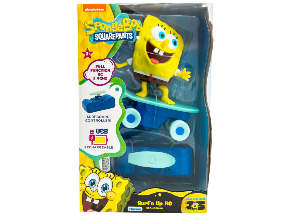Figurka FUNRISE SpongeBob na deskorolce zdalnie sterowanej Zdalnie sterowana zabawka SpongeBob Surfs Up RC w oryginalnym, kolorowym opakowaniu z logo Nickelodeon. Pudełko zawiera informacje o sterowaniu radiowym 2.4 GHz, kontrolerze w kształcie deski surfingowej oraz możliwości ładowania przez USB.