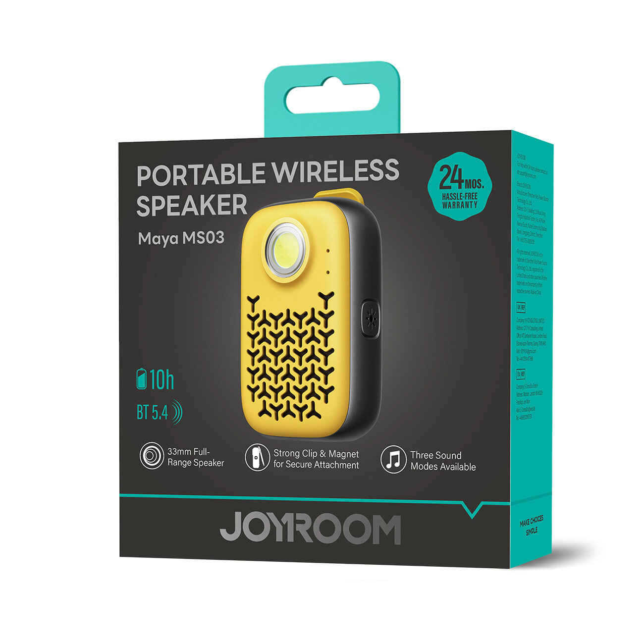 Opakowanie głośnika przenośnego Joyroom Maya MS03 z wbudowaną latarką, w kolorze żółto-czarnym. Na opakowaniu widnieje tekst: \'PORTABLE WIRELESS SPEAKER\', \'Maya MS03\', \'24 MOS. HASSLE-FREE WARRANTY\', \'10h\', \'BT 5.4\', oraz logo \'JOYROOM\'.