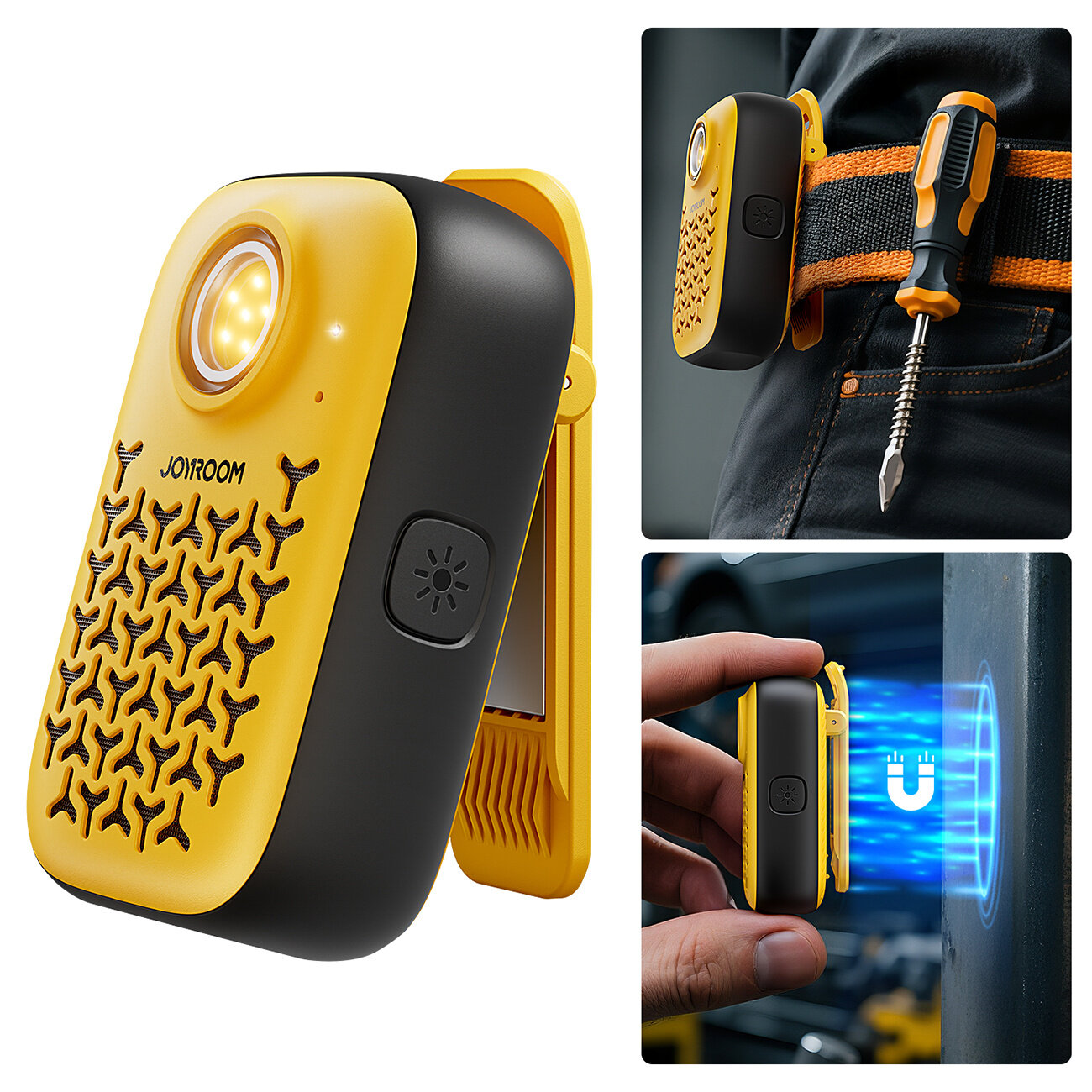 Na obrazie widoczny jest przenośny głośnik Bluetooth w kolorze żółto-czarnym z wbudowaną latarką i logo \'JOYROOM\'. Głośnik jest pokazany w trzech ujęciach: z przodu, przypięty do paska oraz przyciągany do metalowej powierzchni za pomocą magnesu.