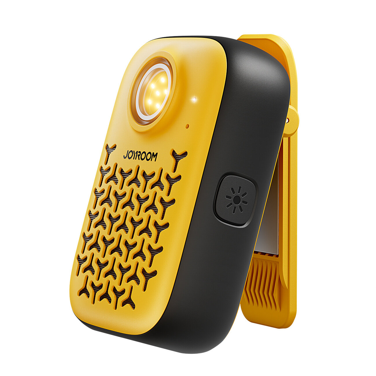 Przenośny głośnik Bluetooth w kolorze żółto-czarnym z wbudowaną latarką i logo \'JOYROOM\'. Obudowa posiada wzór z otworami oraz przycisk z symbolem latarki.