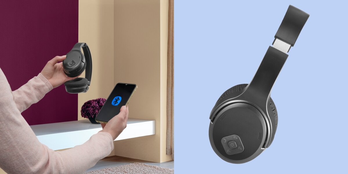 Słuchawki powietrzne HAMA Telewizyjne Piaskowy Proces parowania słuchawek Hama ze smartfonem przez Bluetooth oraz widok słuchawek z boku na niebieskim tle.
