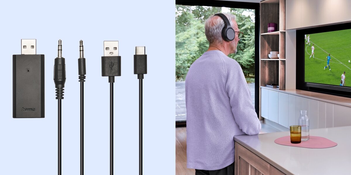 Słuchawki powietrzne HAMA Telewizyjne Piaskowy Zestaw kabli (USB, Jack) i transmiter Hama oraz mężczyzna w słuchawkach oglądający mecz piłki nożnej w nowoczesnym wnętrzu.