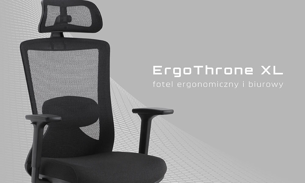 Fotel GAMVIS ErgoThrone XL Czarny prezentacja fotela od przodu na szarym tle napis z modelem i przeznaczeniem
