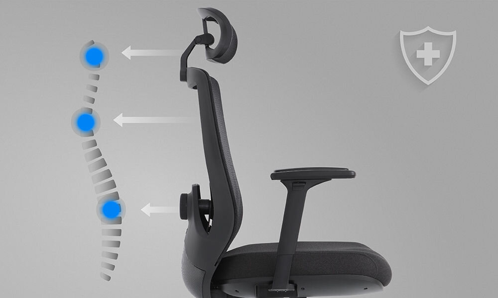 Fotel GAMVIS ErgoThrone XL Czarny prezentacja fotela na szarym tle od boku wizualizacja miejsc podparcia dla kręgosłupa Dyrektywa Unijna zdrowa postawa komfort ochrona kręgosłupa wygoda