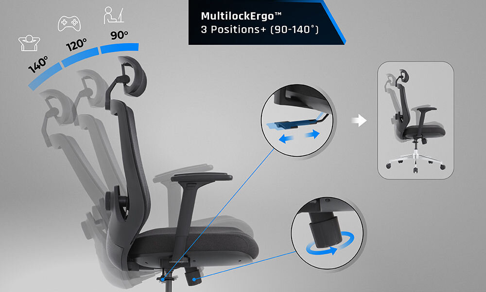 Fotel GAMVIS ErgoThrone XL Czarny prezentacja możliwego zakresu bujania fotela na szarym tle oraz pokazanie opcji blokowania w trzech pozycjach bez ryzyka upadku efektywna regeneracja komfort